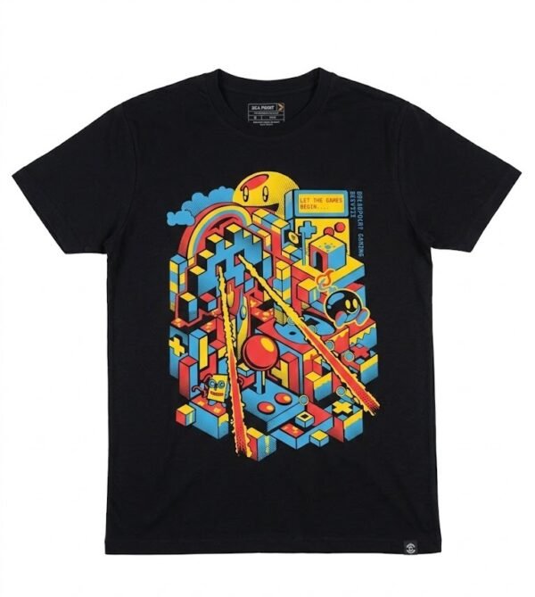 Men's Black Isometric Cube Graphic T-Shirt - Retro Arcade Style