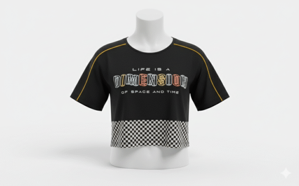 Girls'/Women's Crop Top - "DIMENSION" Graphic & Checkered Hem