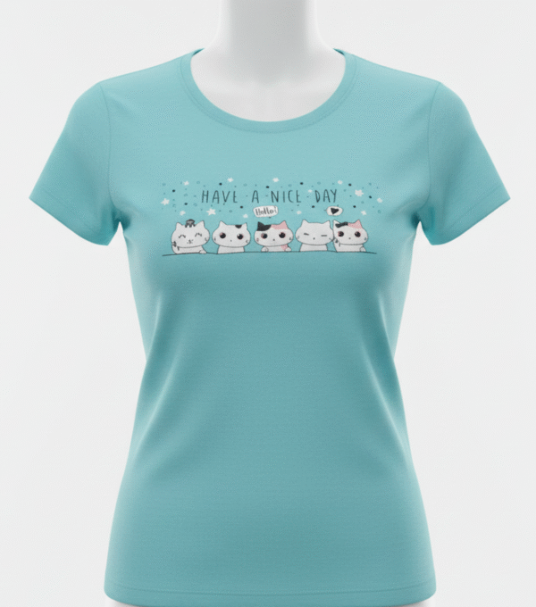 Girls'/Women's Aqua T-Shirt with Cute Cat Graphic - "HAVE A NICE DAY"