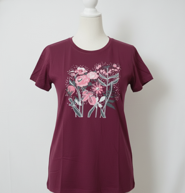 Girls'/Women's Maroon T-Shirt with Pink and White Botanical Graphic
