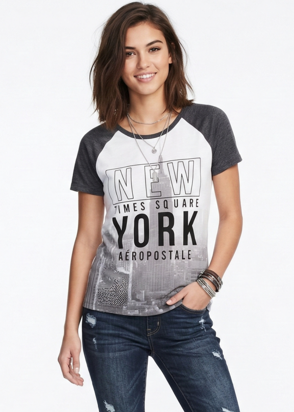 Girls'/Women's White & Grey Raglan T-Shirt with NY Design