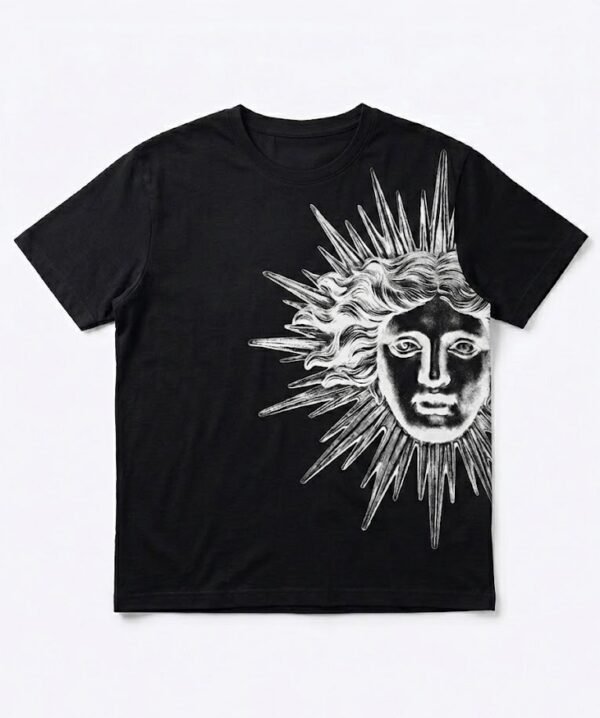 Men's Black T-Shirt with Mythological Sun Face Graphic Print
