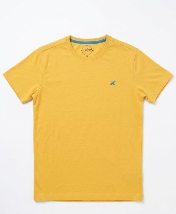 Men's Mustard Yellow Crew Neck T-Shirt with Blue Logo - ROAD STAR