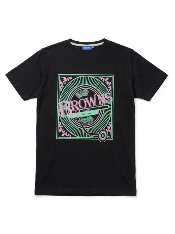 Men's Black T-Shirt with Neon Green & Purple Retro Graphic - "BROWNS"